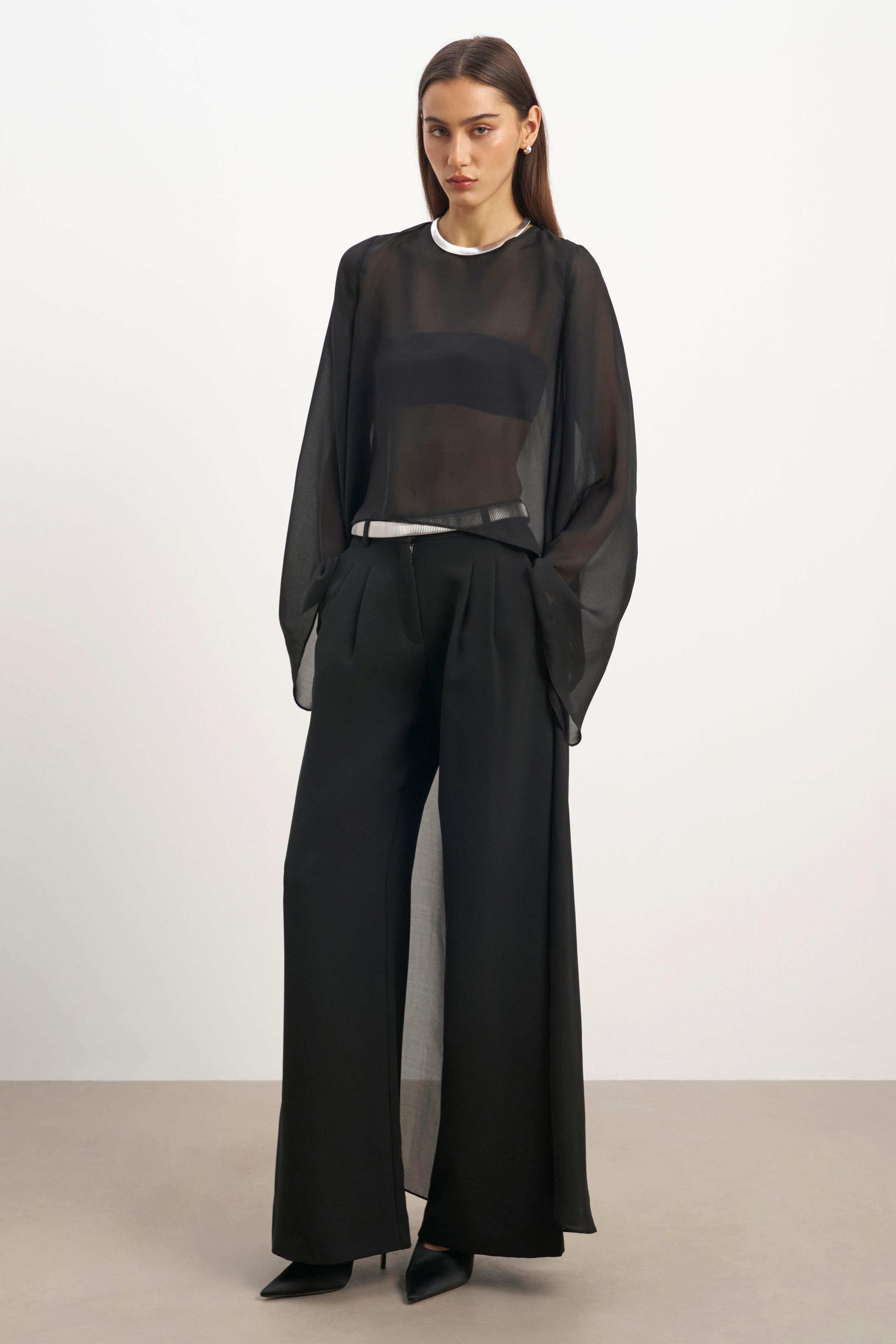 Sheer Chiffon Cape Blouse - Black