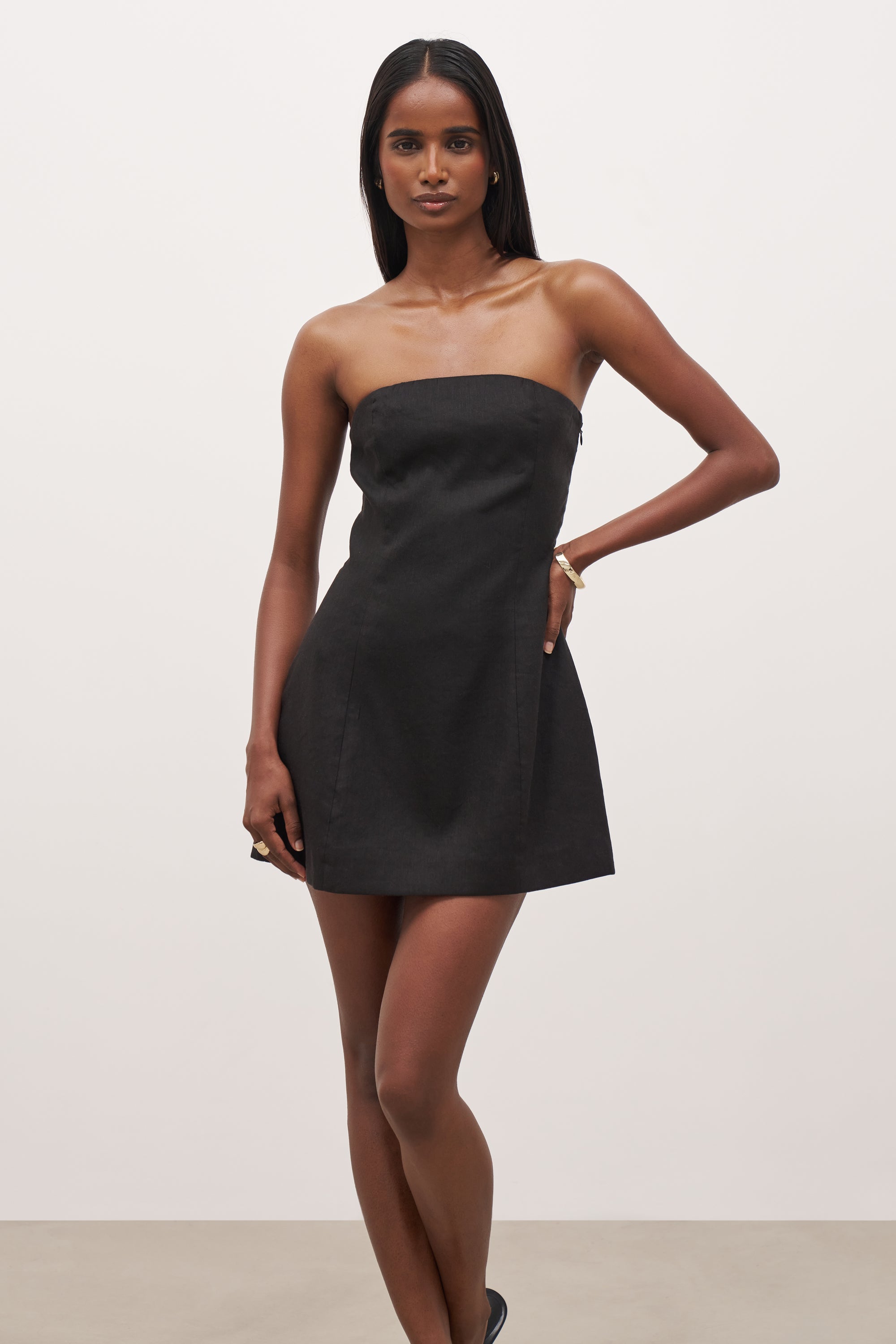 Strapless Linen A Line Mini Dress - Black