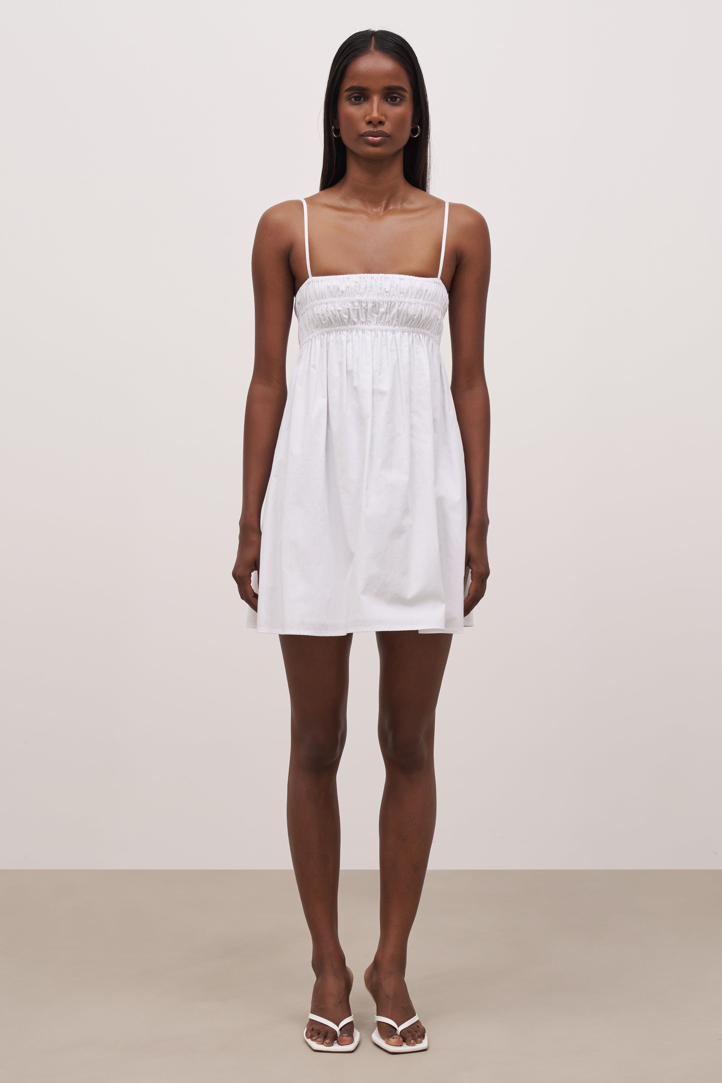 Ruched Cotton Mini Dress  - White