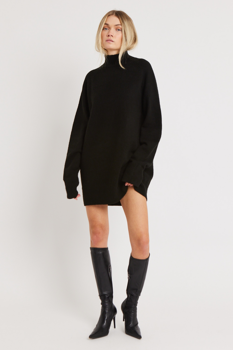 Soft Brushed High Neck Jumper Dress - Black