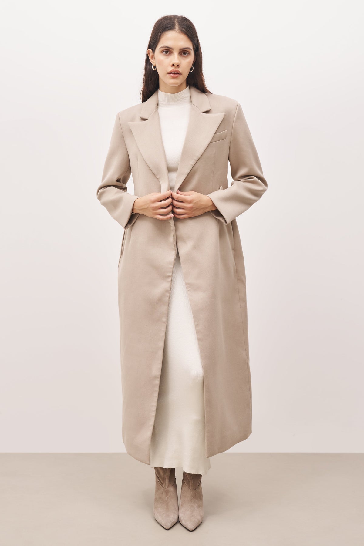 Asymmetric Tailored Longline Coat - Stone