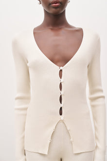 V Neck Ribbed Knit Cardigan - Cream