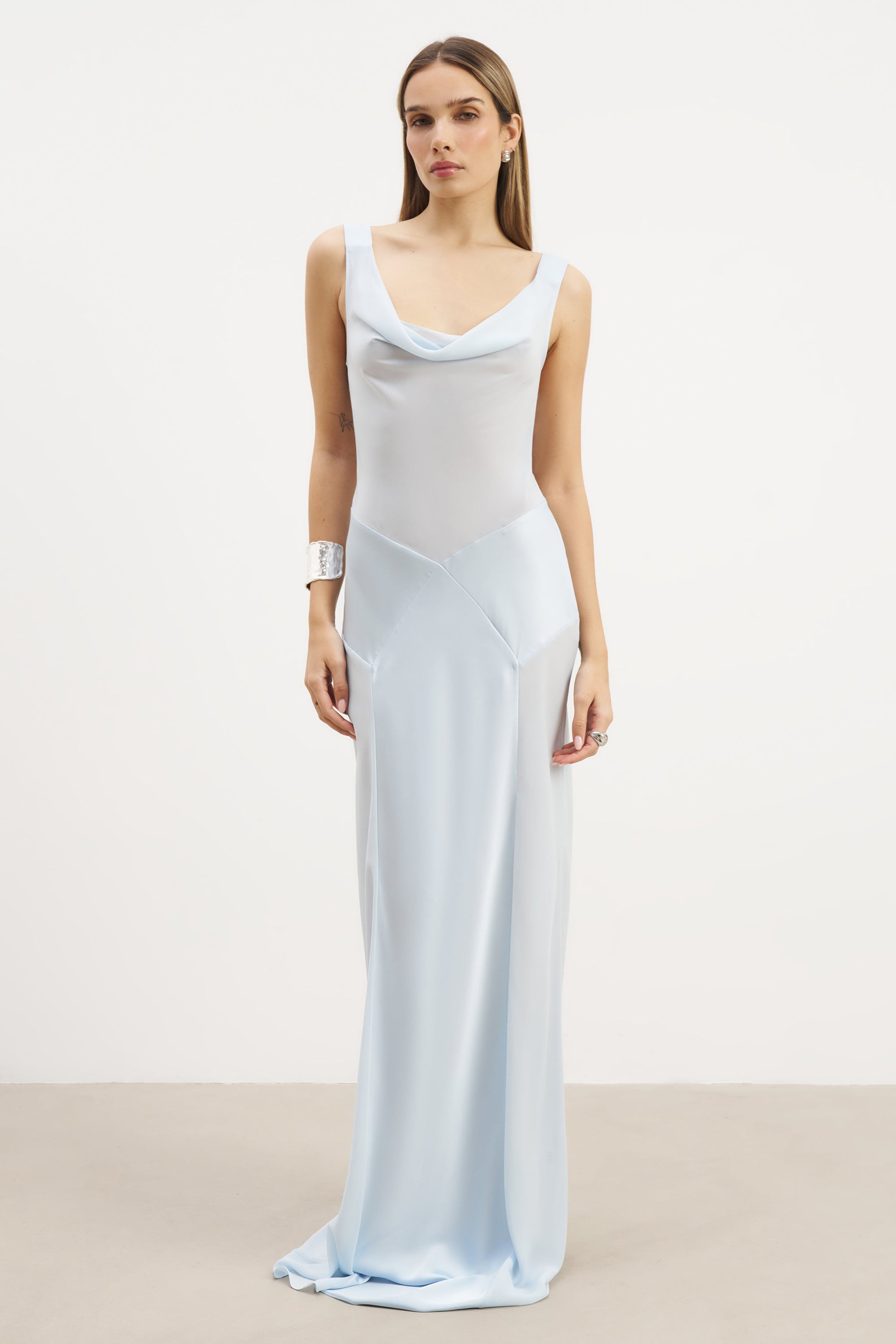 Sheer Chiffon Cowl Neck Satin Panel Gown - Powder Blue | BOA US Sheer Chiffon Cowl Neck Satin Panel Gown - Powder Blue | BOA US