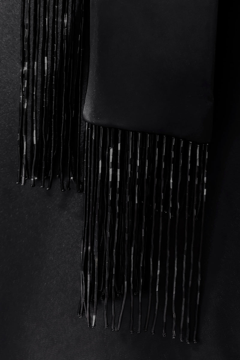 Plunging Knot Detail Gown with Fringing - Black