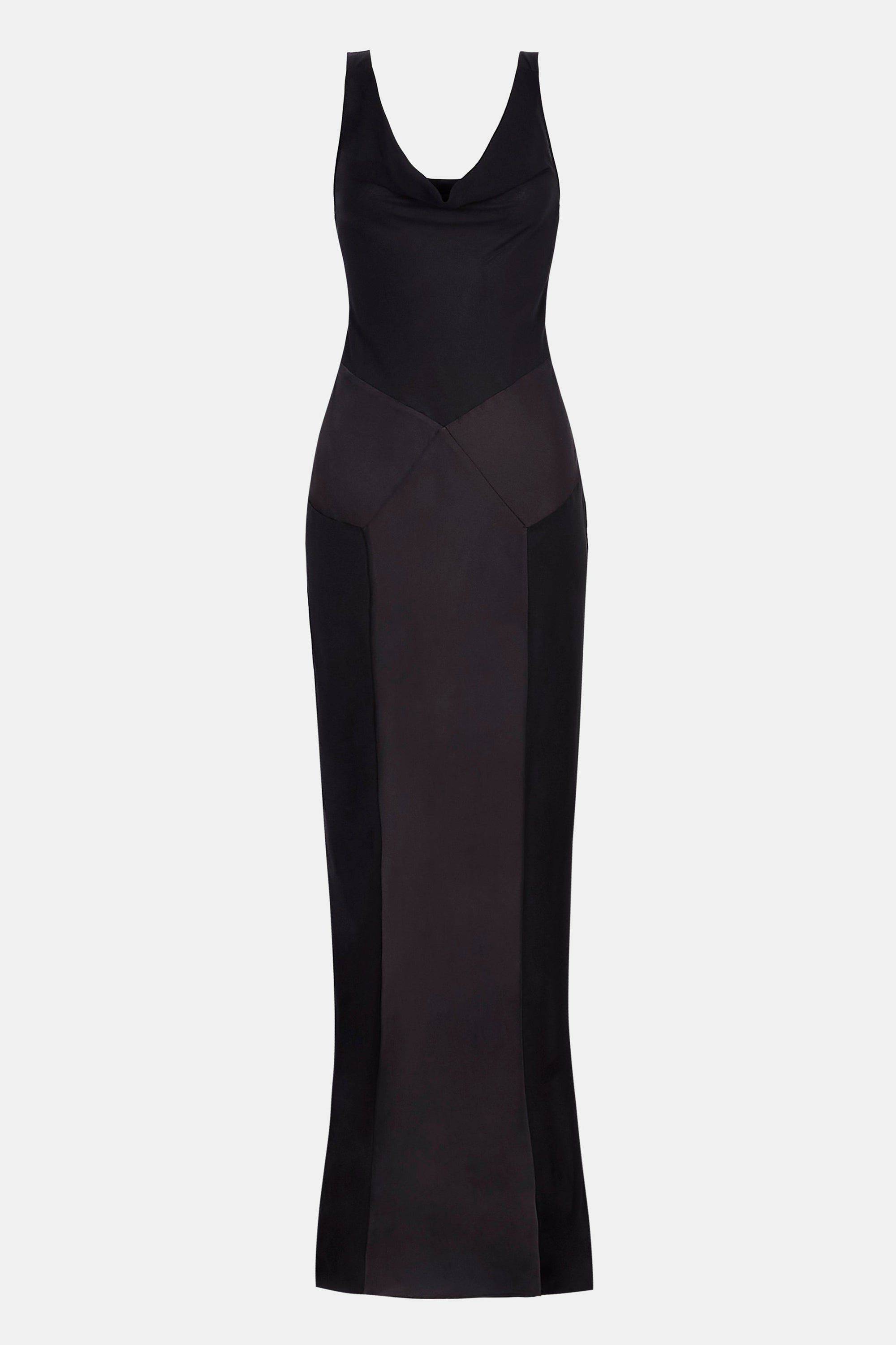 Sheer Chiffon Cowl Neck Satin Panel Gown - Black | BOA US Sheer Chiffon Cowl Neck Satin Panel Gown - Black | BOA US