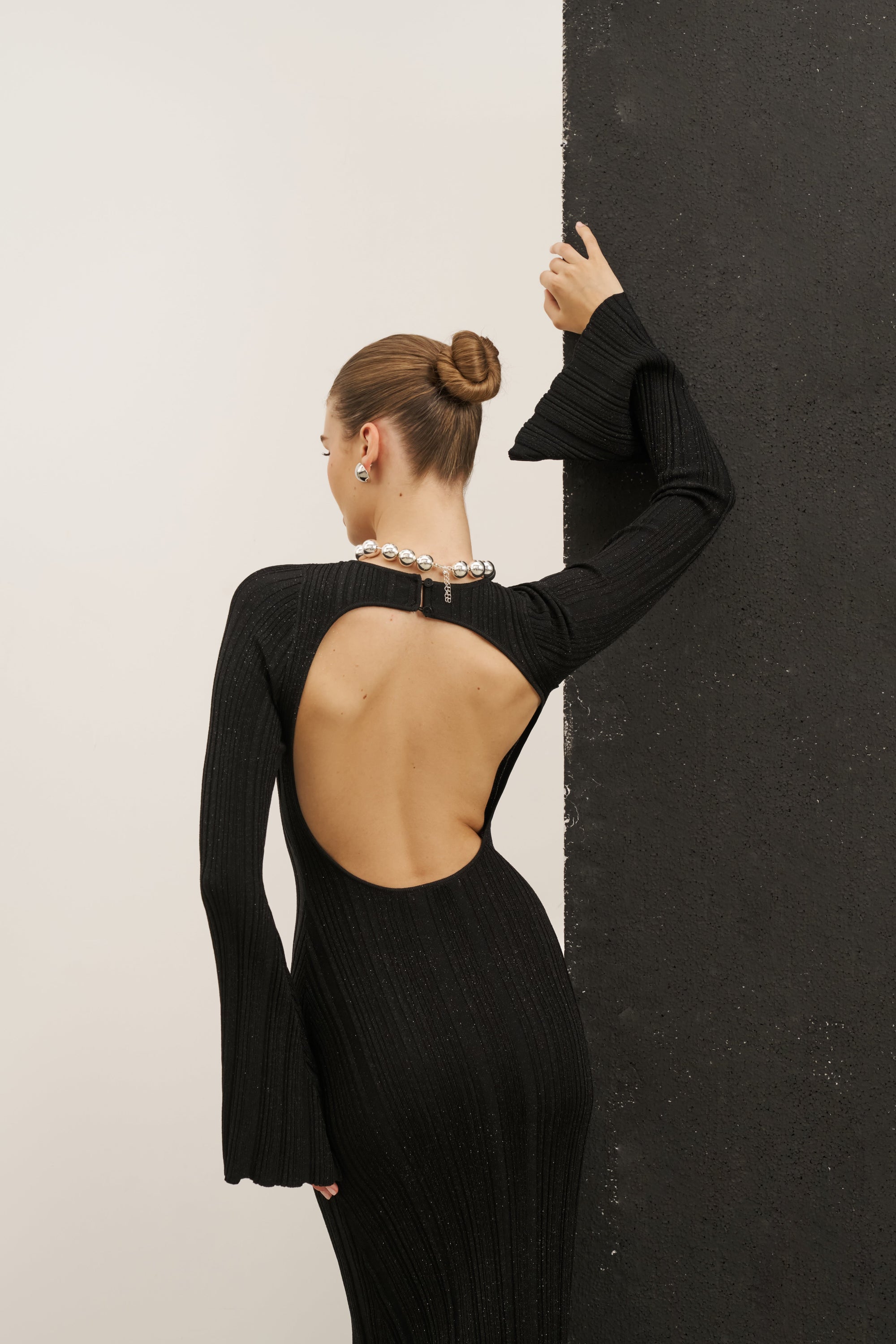 Fine Knit Longsleeve Open Back Maxi Dress - Black Shimmer