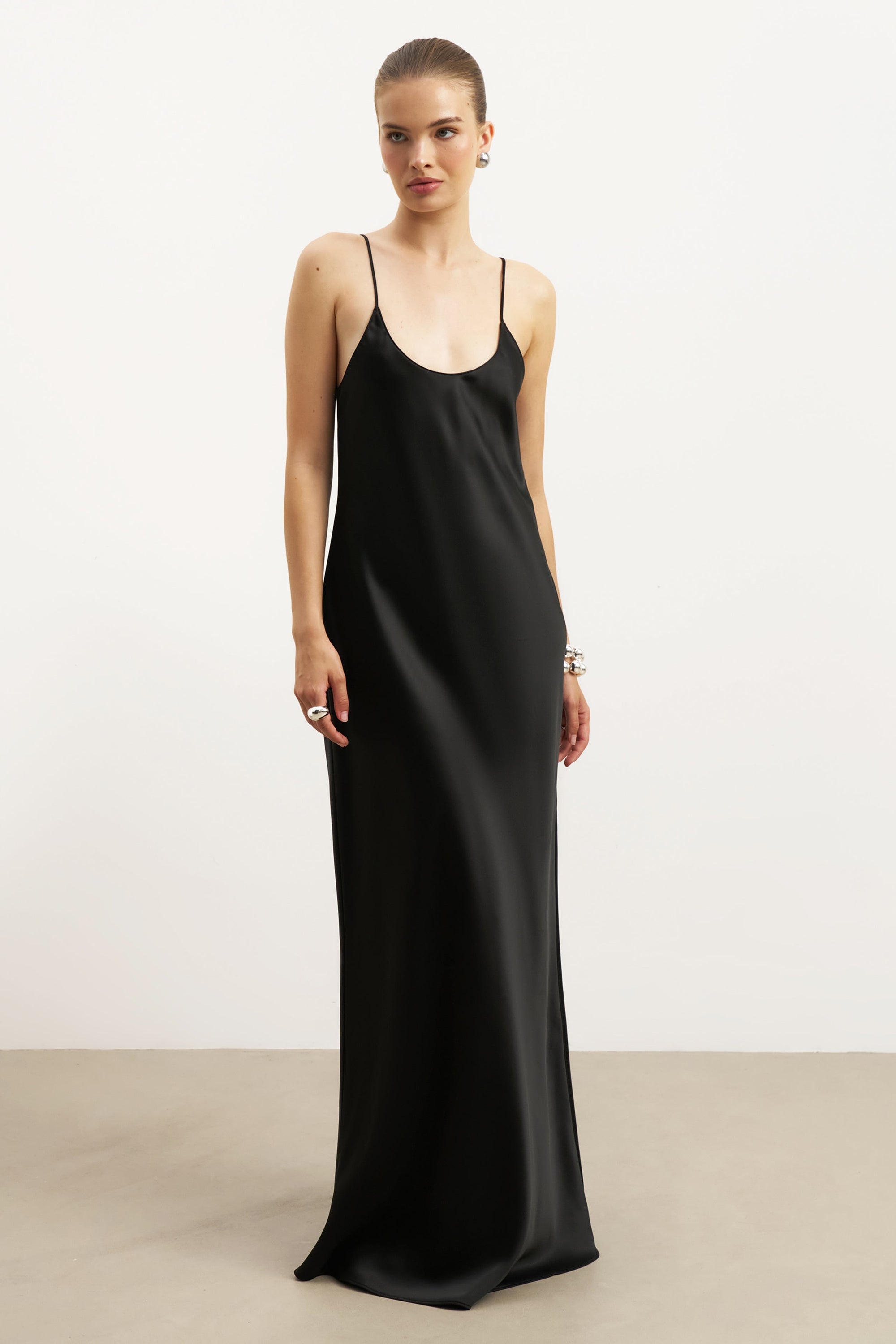 Satin Scoop Neck Camisole Maxi Dress - Black | BOA US Satin Scoop Neck Camisole Maxi Dress - Black | BOA US