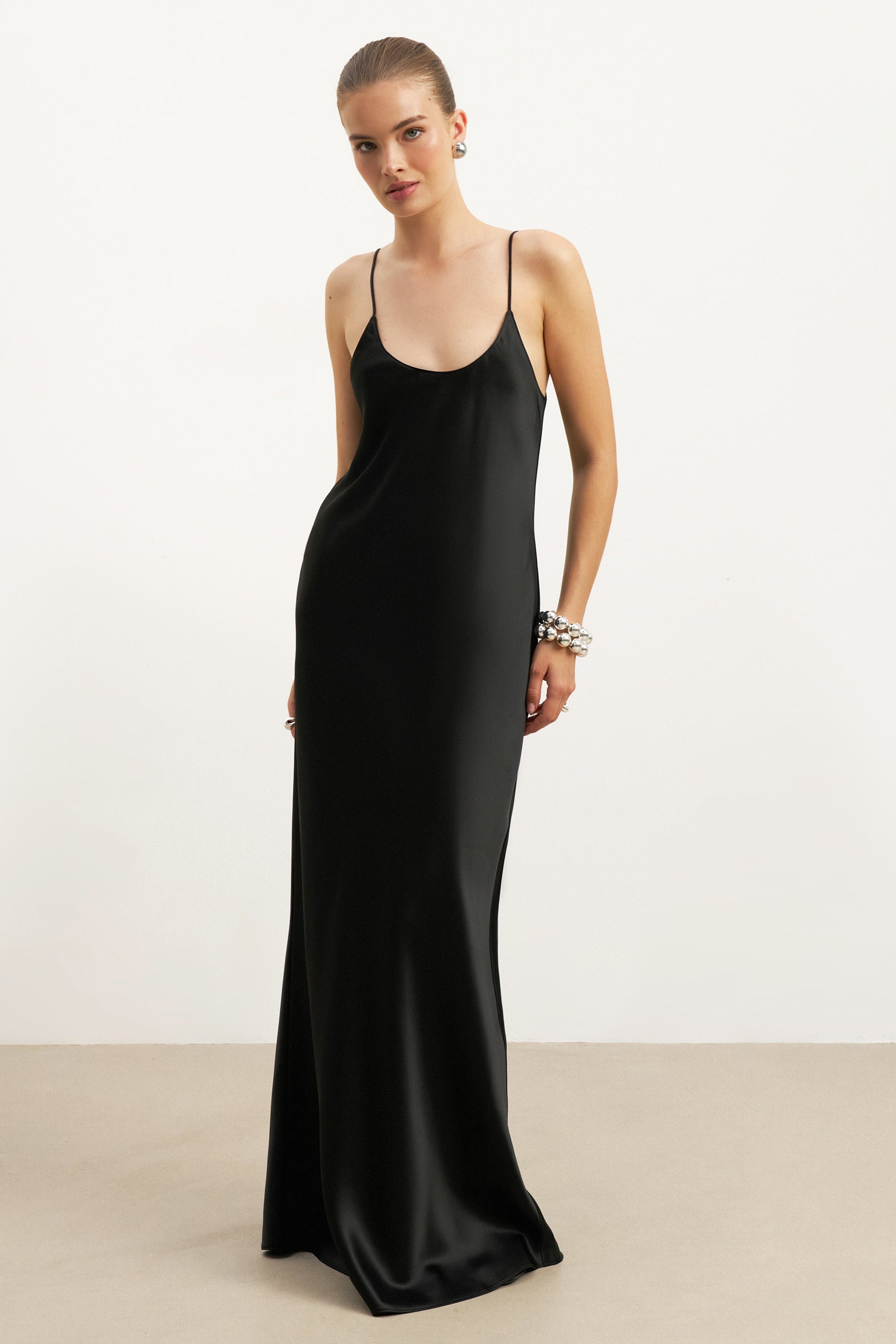 Satin Scoop Neck Camisole Maxi Dress - Black Satin Scoop Neck Camisole Maxi Dress - Black