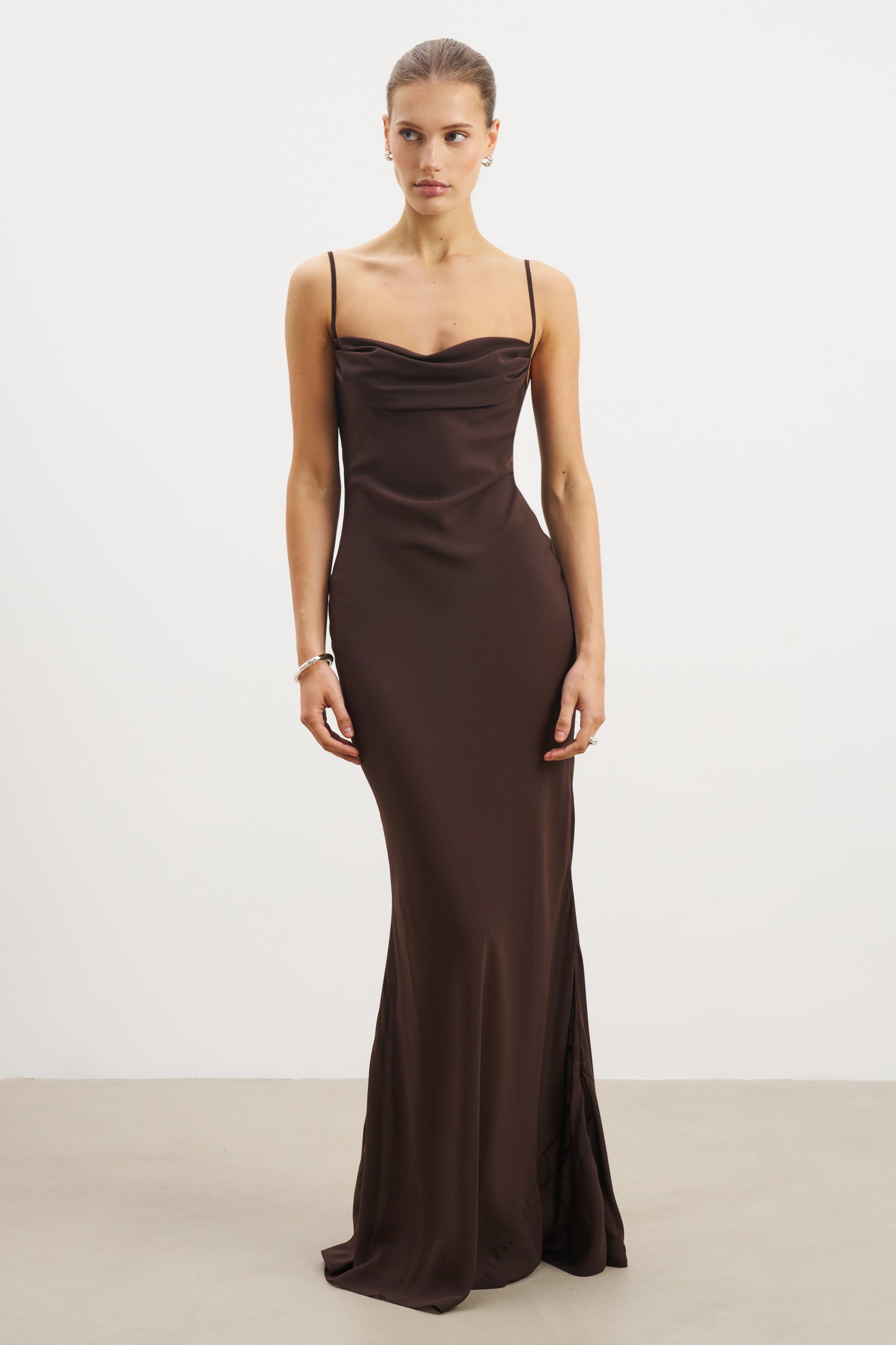 Sheer Ruched Chiffon Maxi Dress - Carob