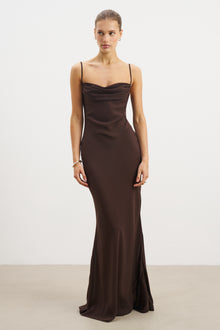 Sheer Ruched Chiffon Maxi Dress - Carob