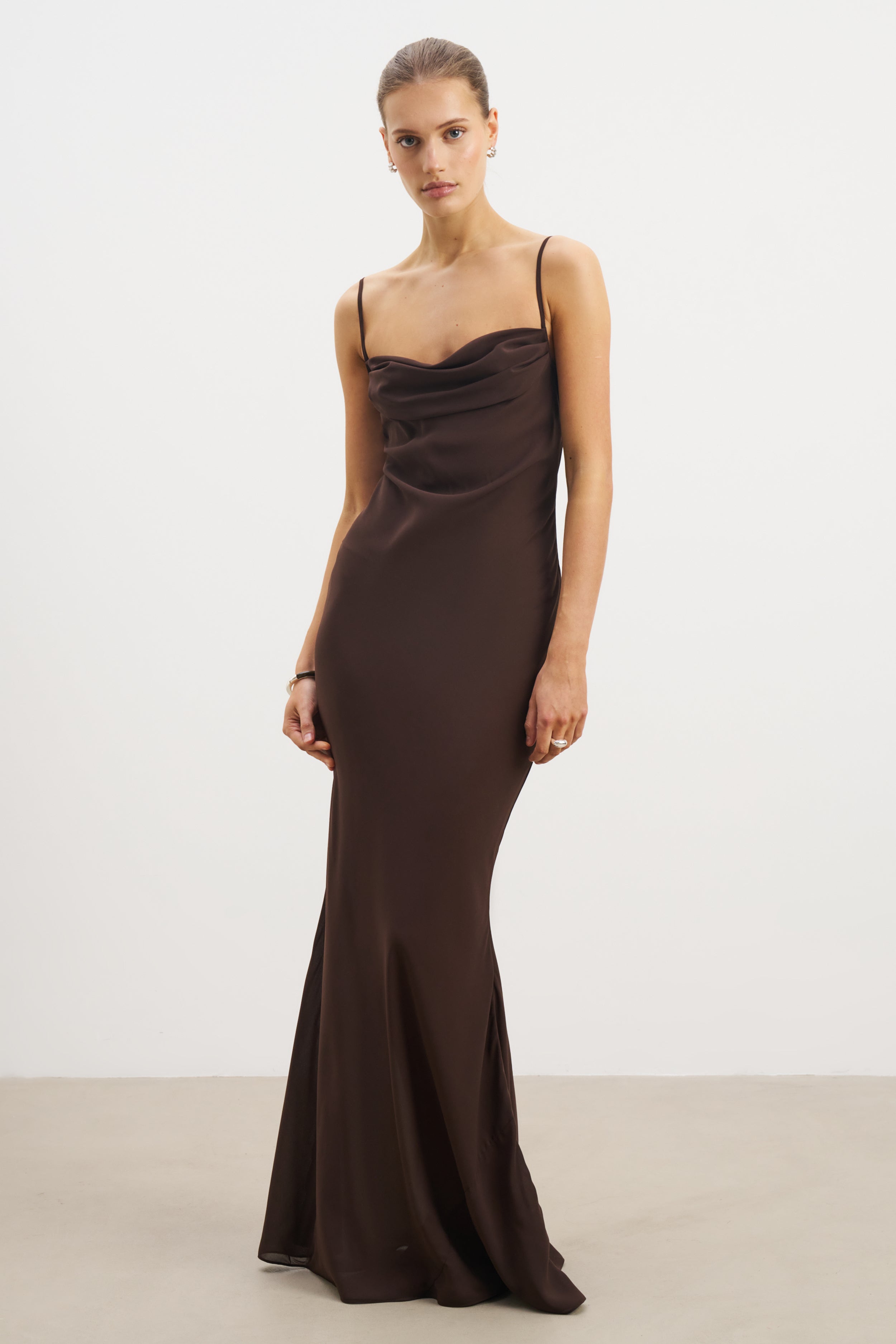 Sheer Ruched Chiffon Maxi Dress - Carob
