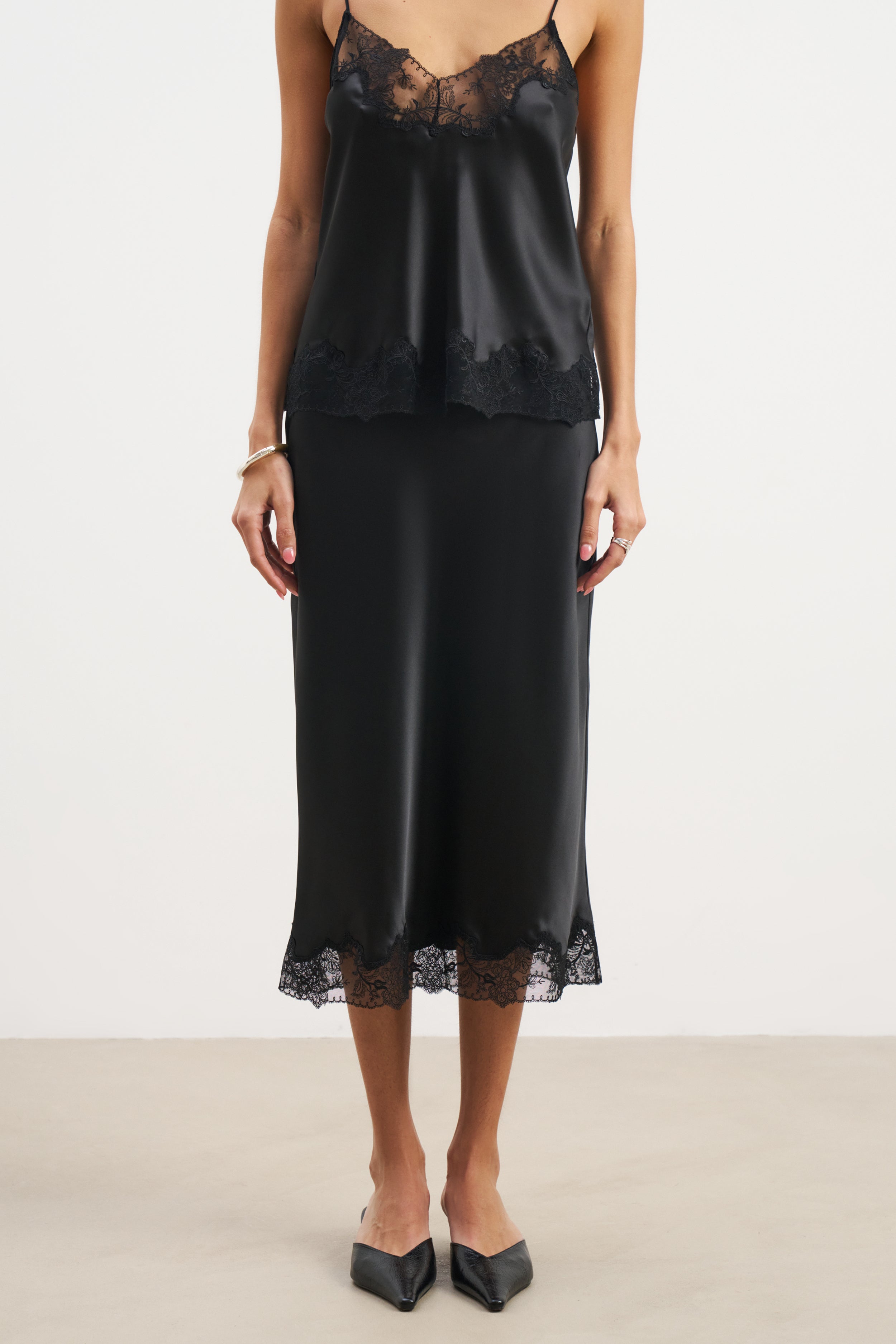 Satin Lace Detail Midi Skirt - Black | BOA US
