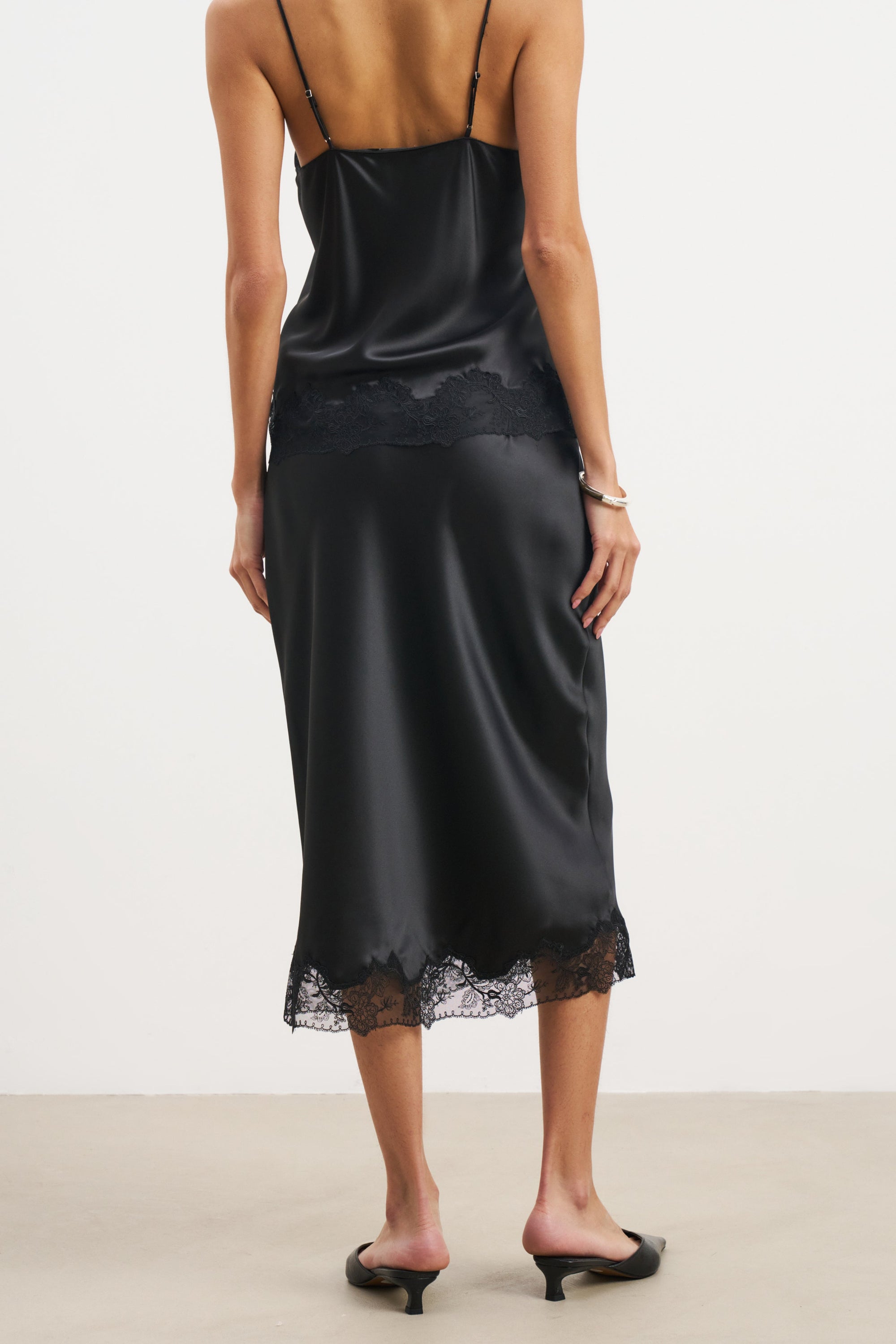 Satin Lace Detail Midi Skirt - Black | BOA US Satin Lace Detail Midi Skirt - Black | BOA US