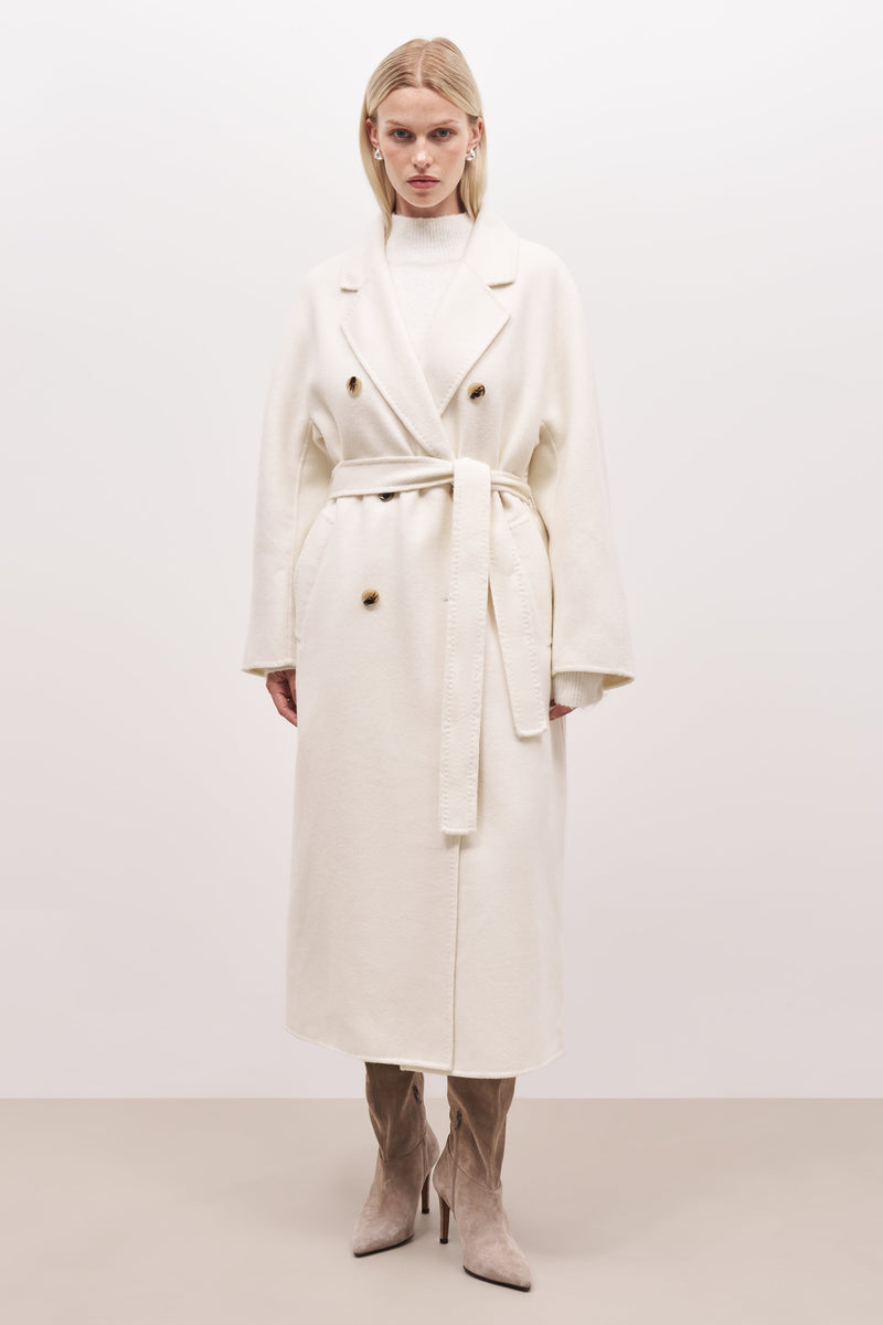 Double Faced Wool Coat With Belt - Cream