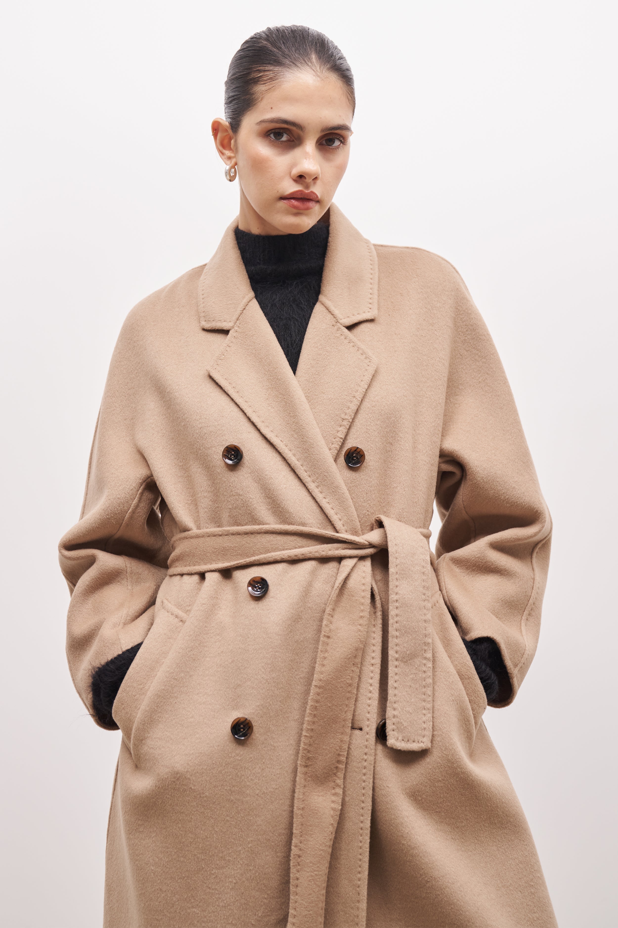 Double Faced Wool Coat With Belt - Camel