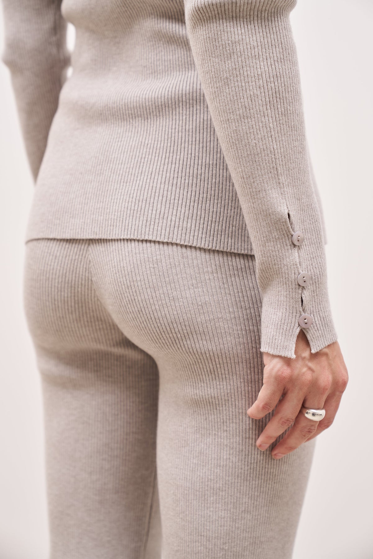 Mid Rise Ribbed Knit Trousers - Pebble Grey