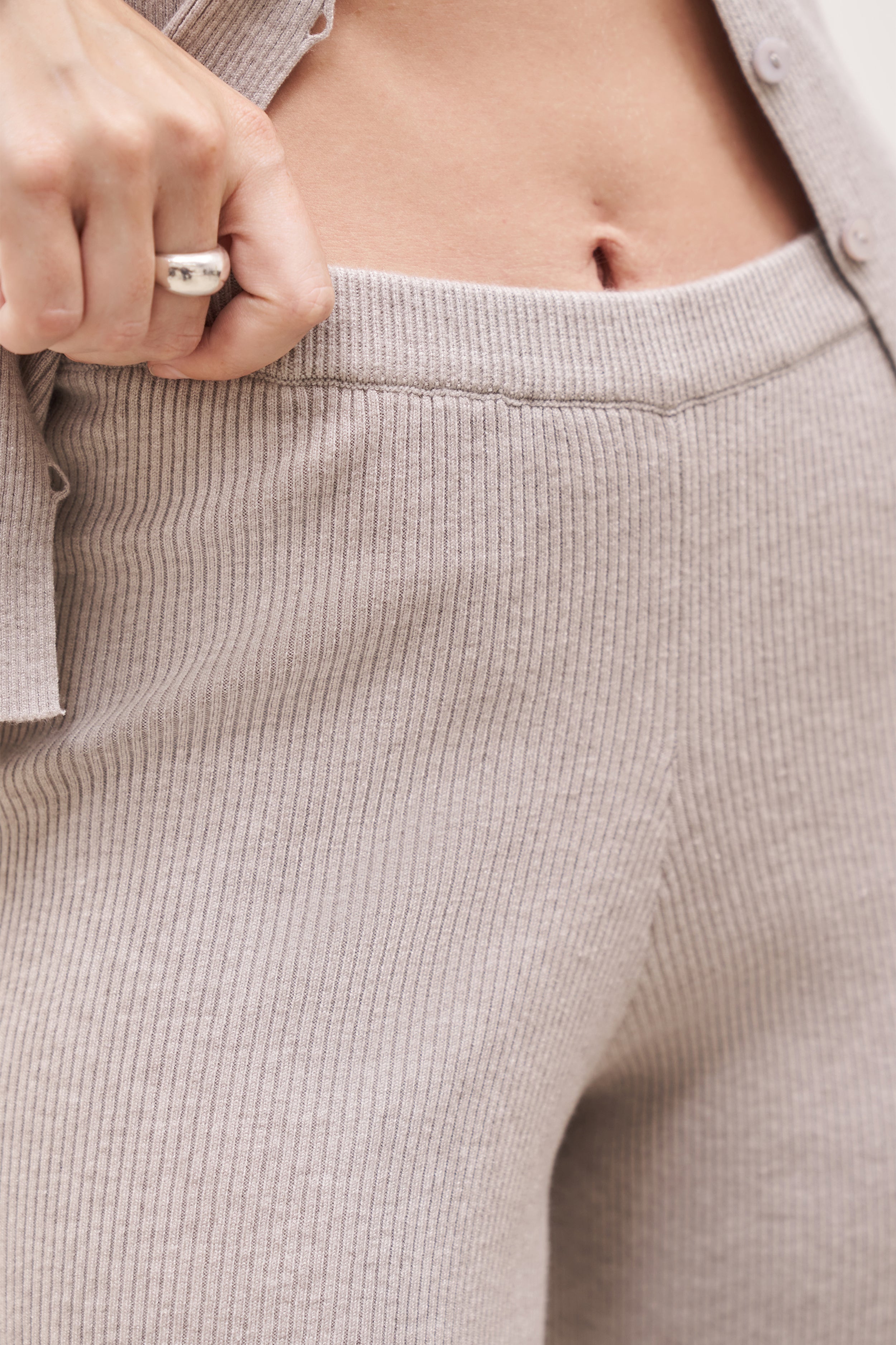 Mid Rise Ribbed Knit Trousers - Pebble Grey