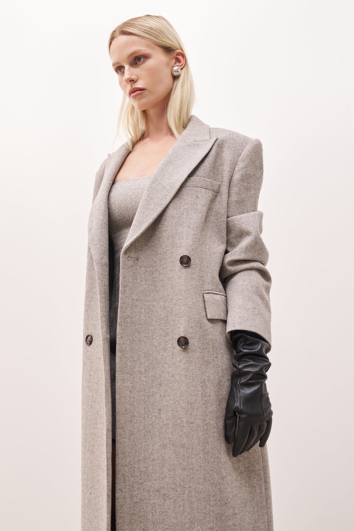 Wool Herringbone Oversized Double Breasted Coat - Herringbone