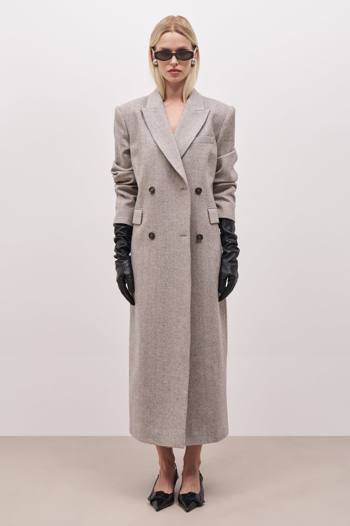 Wool Herringbone Oversized Double Breasted Coat - Herringbone