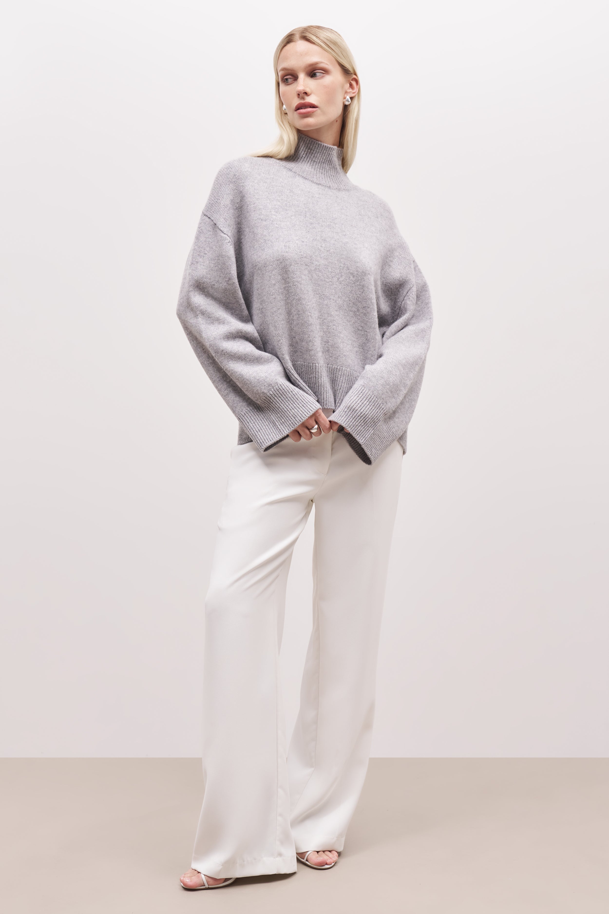 Relaxed High Neck Cashmere Blend Jumper - Grey Marl