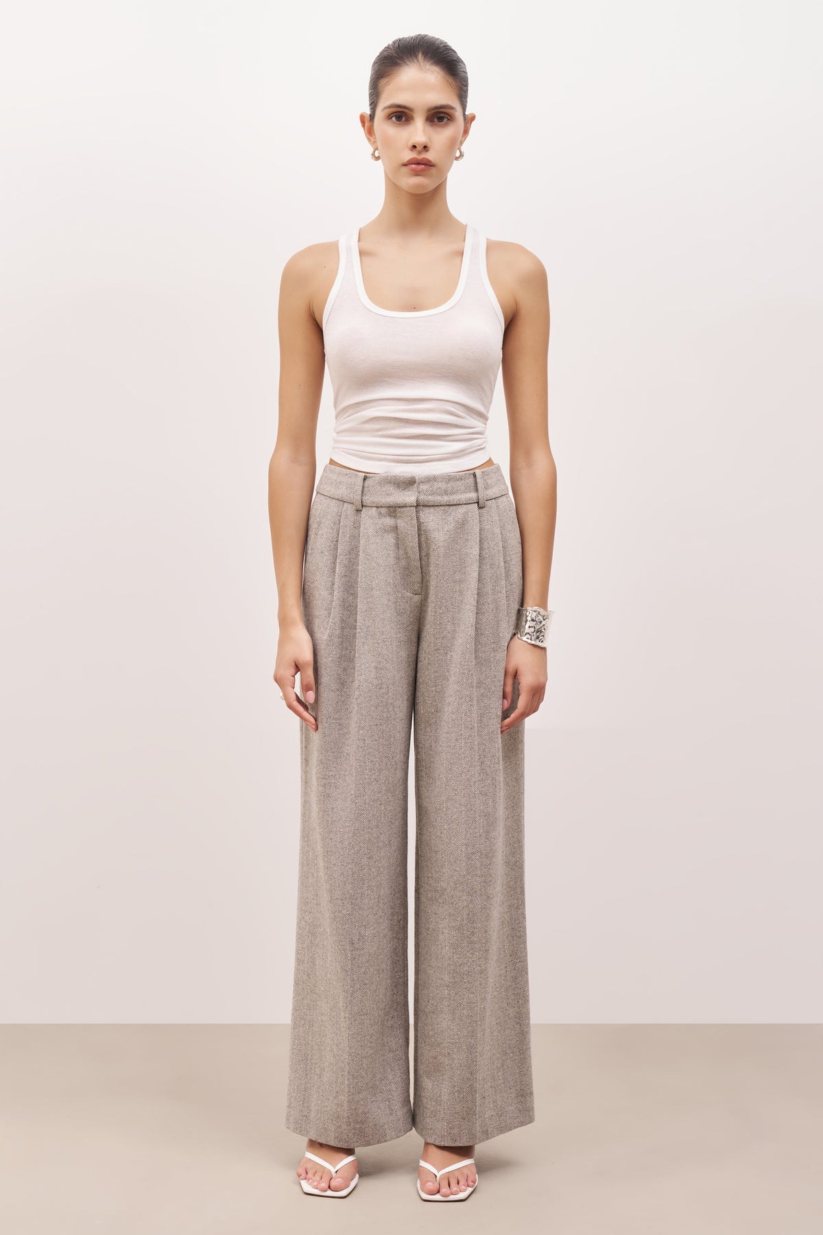 Wool Herringbone Wide Leg Trousers - Herringbone