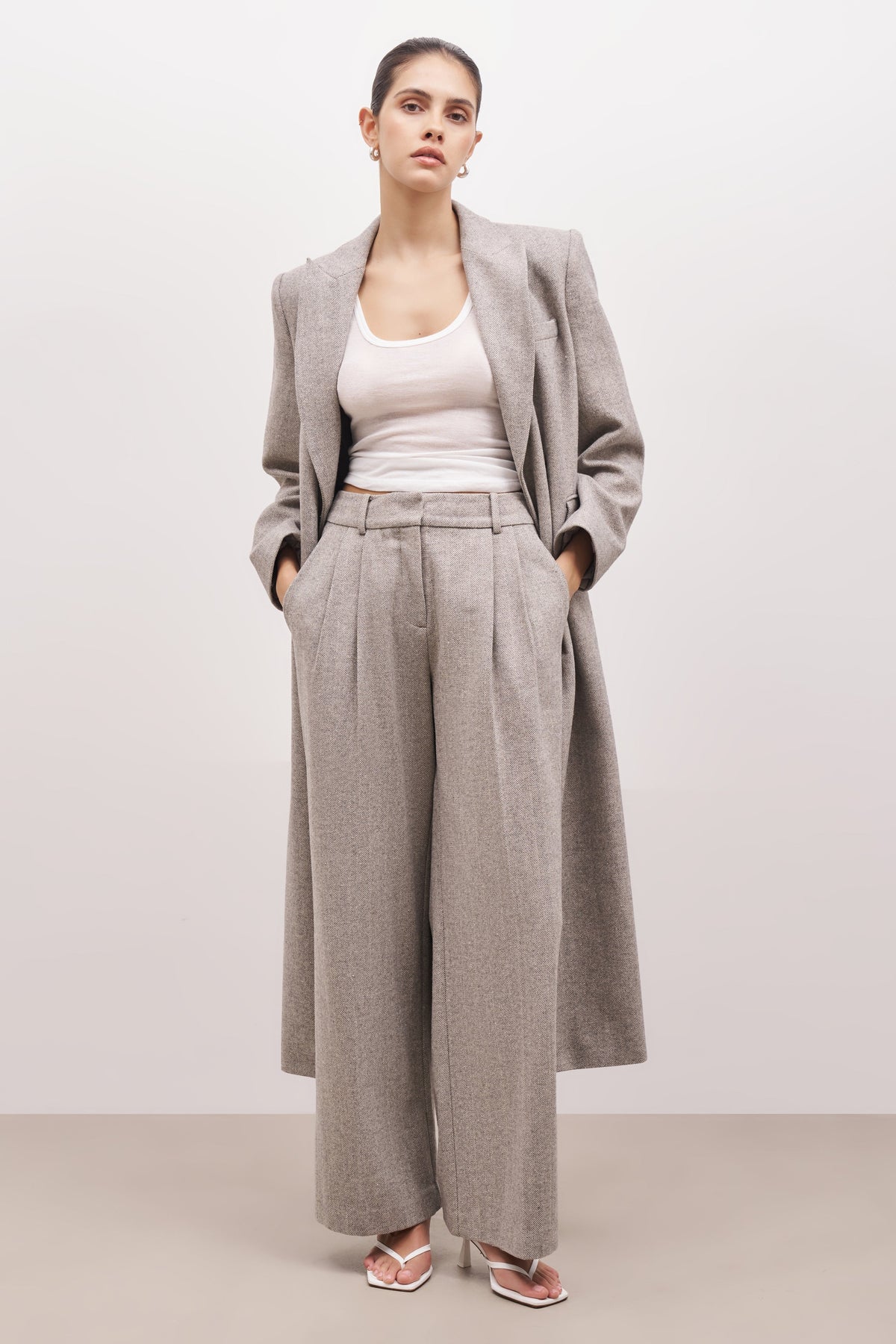 Wool Herringbone Wide Leg Trousers - Herringbone