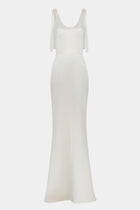 Satin Scoop Neck Gown with Bow Detail - Cream