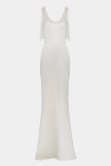 Satin Scoop Neck Gown with Bow Detail - Cream