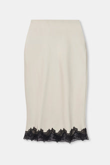 Satin Lace Detail Midi Skirt - Champagne/Black