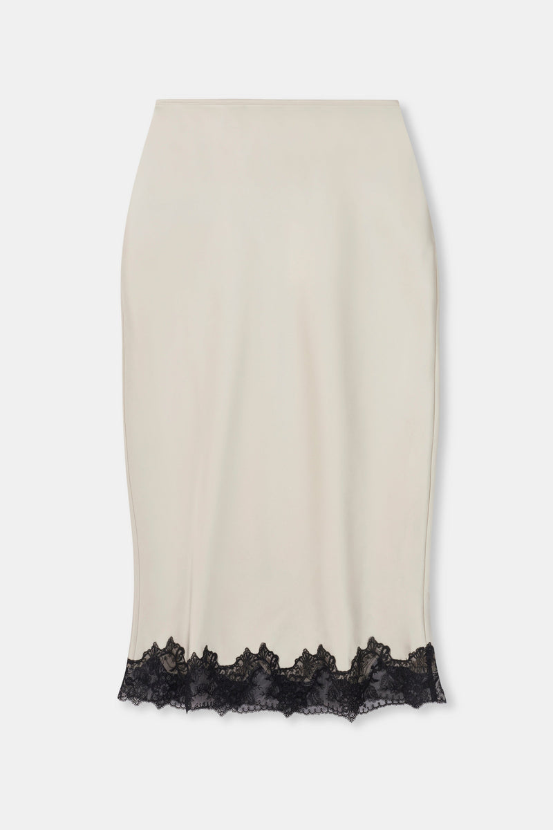 Satin Lace Detail Midi Skirt - Champagne/Black
