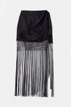 Satin Jacquard Sarong Midi Skirt with Fringing - Black