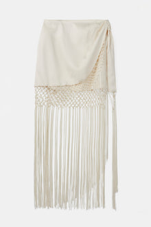 Satin Jacquard Sarong Midi Skirt with Fringing - Cream