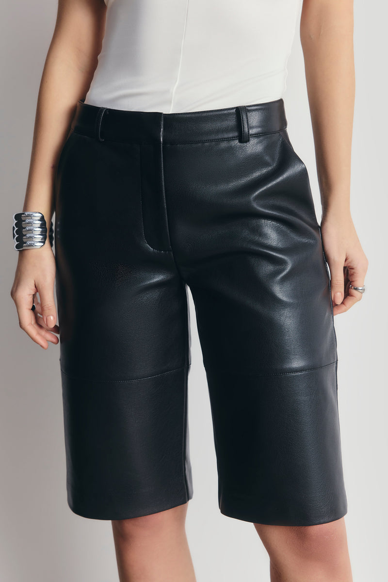 Tailored Leather Longline Shorts - Black