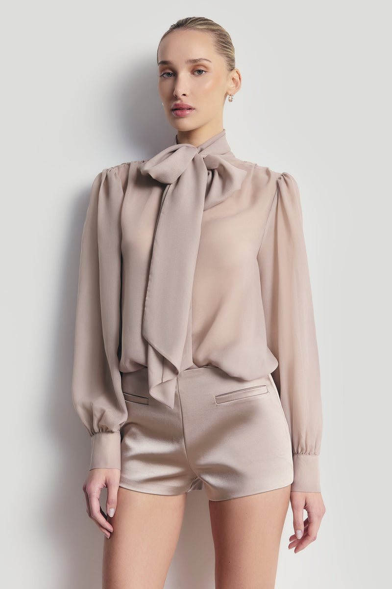 Sheer Chiffon Tie Neck Blouse - Mink