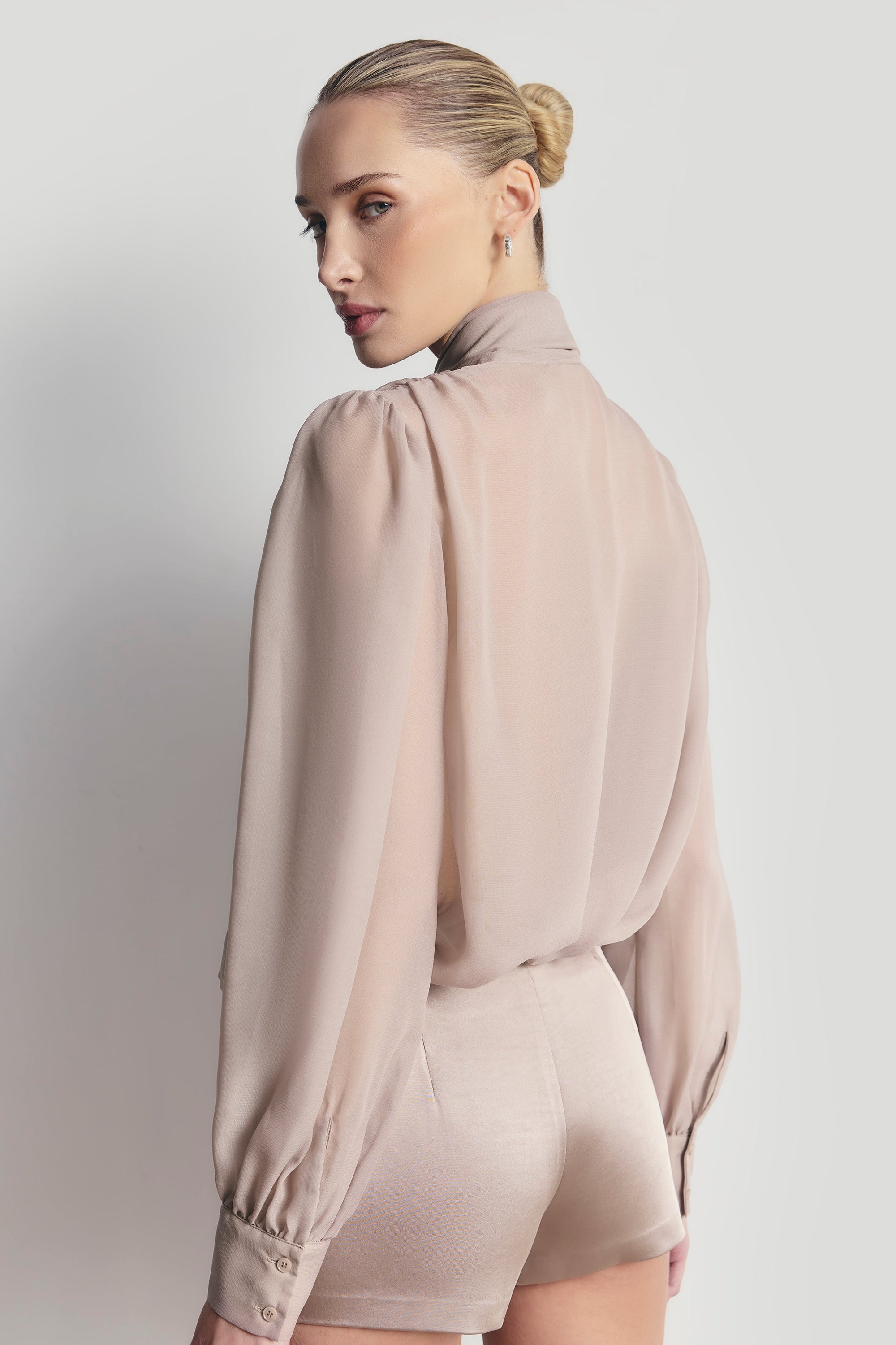 Sheer Chiffon Tie Neck Blouse - Mink