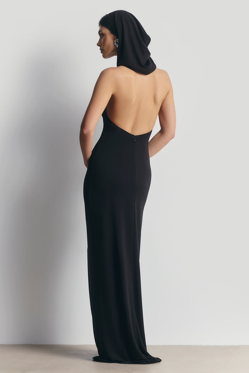 Hooded Halterneck Maxi Dress - Black
