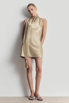 Satin Halterneck Scarf Mini Dress with Tassel - Bronze