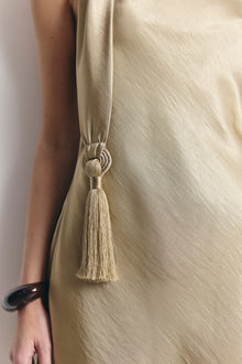 Satin Halterneck Scarf Mini Dress with Tassel - Bronze