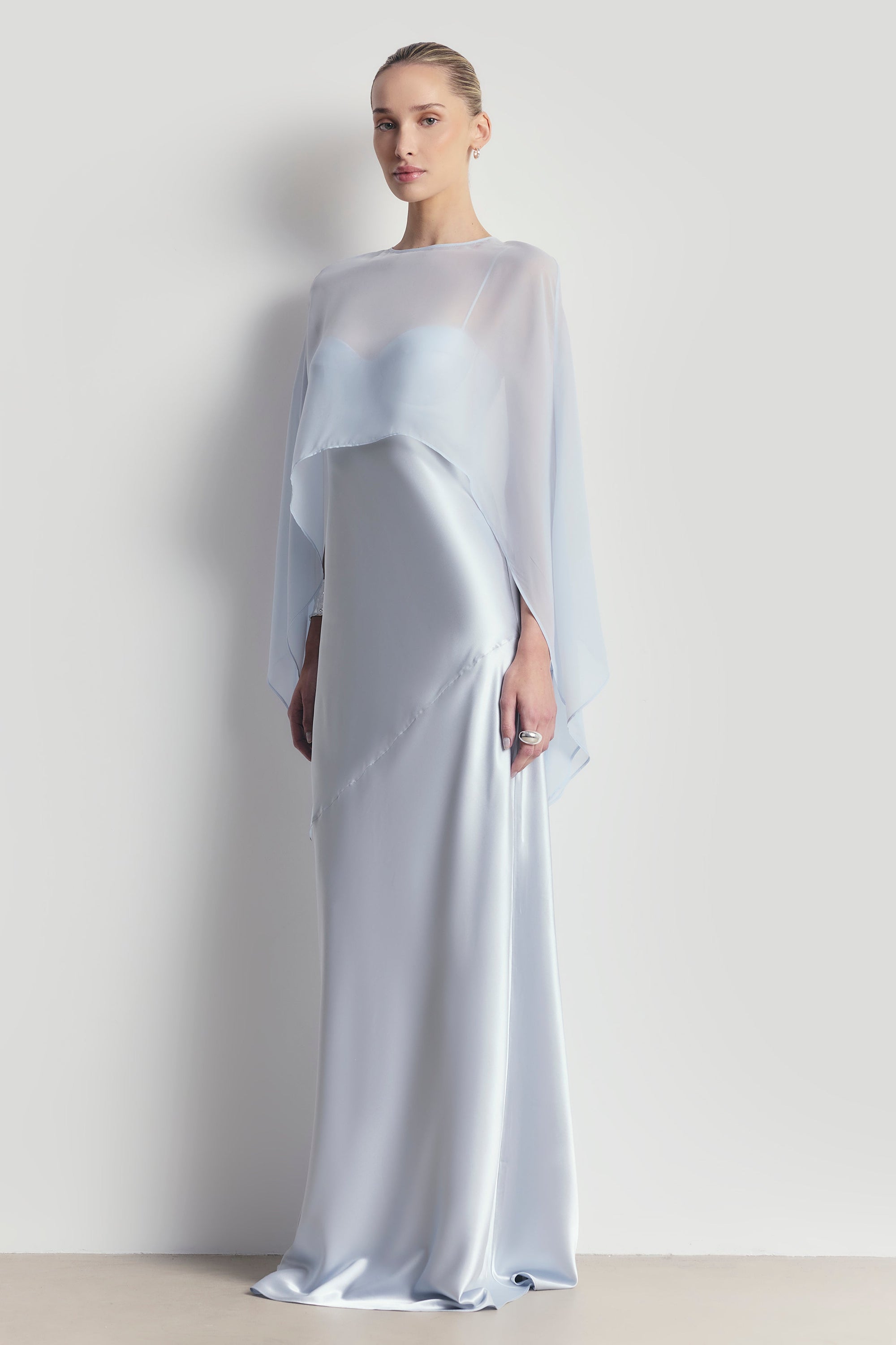 Sheer Chiffon Curved Hem Cape - Powder Blue