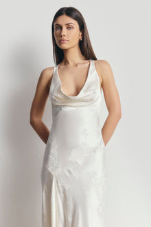 Satin Jacquard Asymmetric Panel Gown - Cream