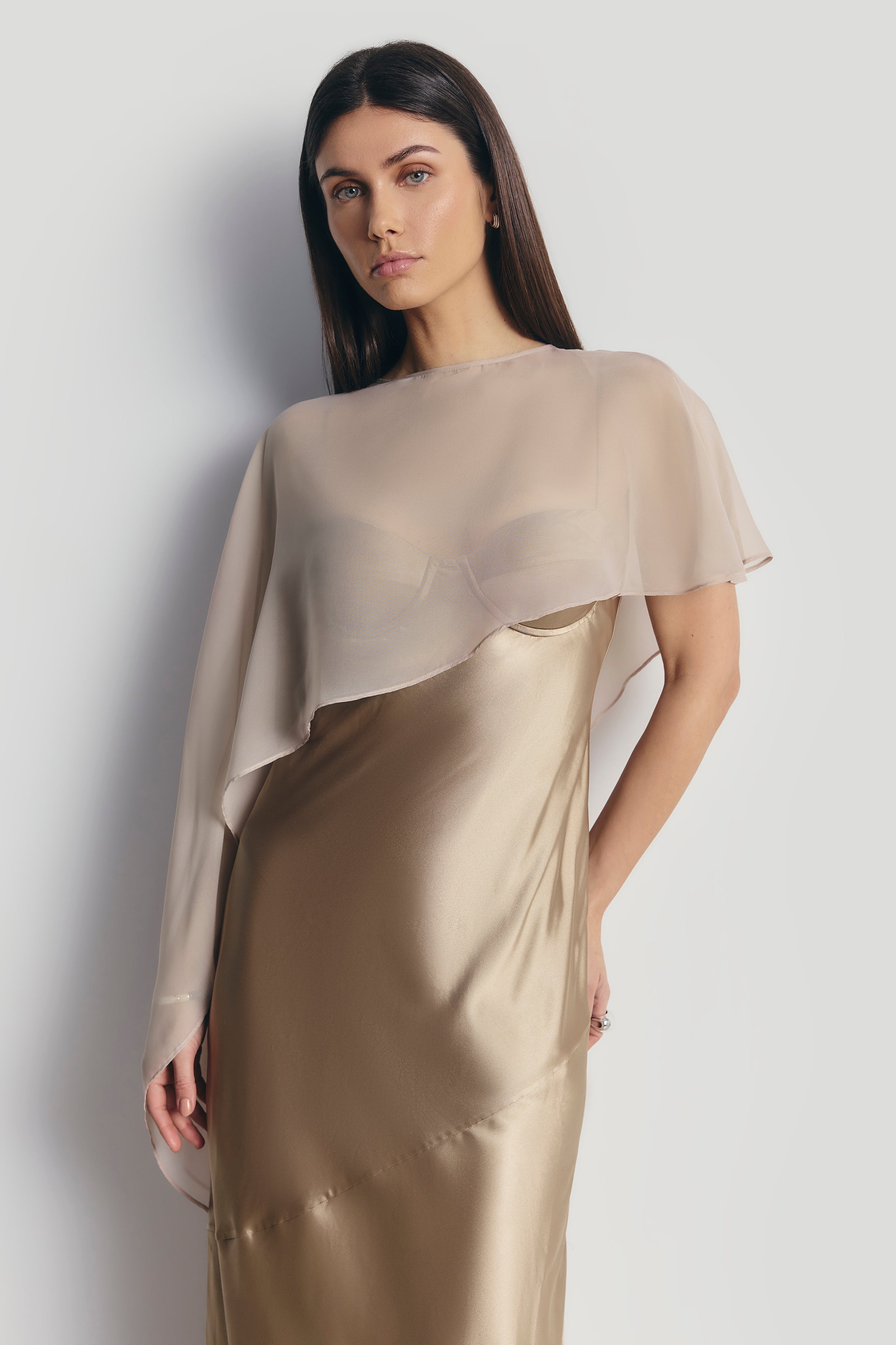 Sheer Chiffon Asymmetric Cape - Champagne