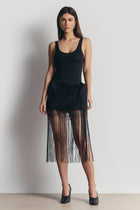 Satin Jacquard Sarong Midi Skirt with Fringing - Black