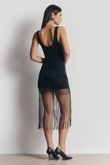 Satin Jacquard Sarong Midi Skirt with Fringing - Black