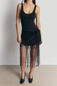 Satin Jacquard Sarong Midi Skirt with Fringing - Black