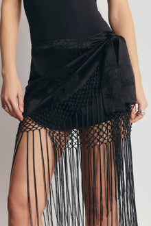 Satin Jacquard Sarong Midi Skirt with Fringing - Black