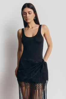 Satin Jacquard Sarong Midi Skirt with Fringing - Black