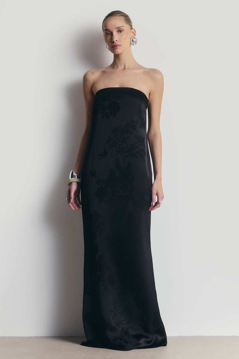 Satin Jacquard Strapless Maxi Dress - Black