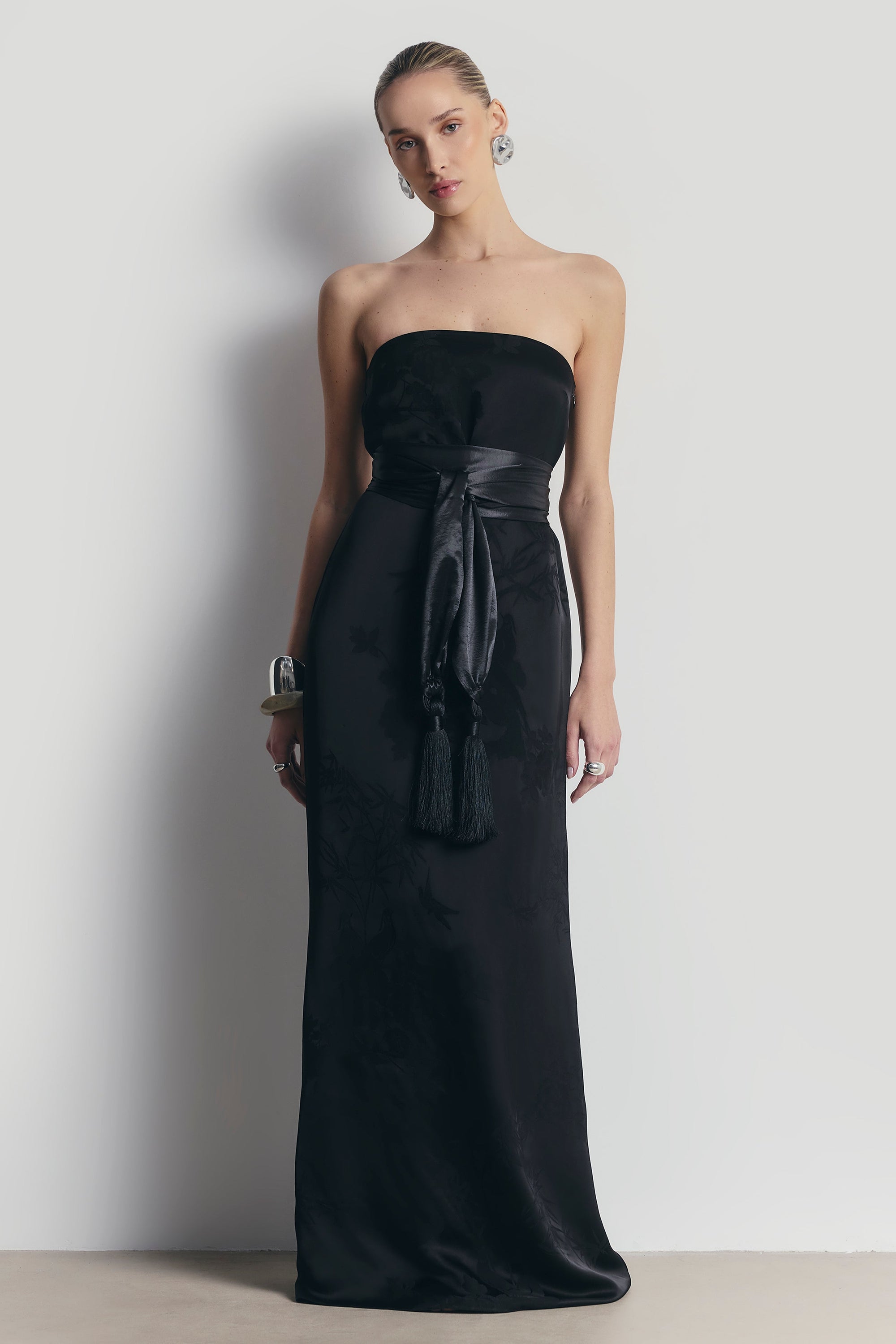 Satin Jacquard Strapless Maxi Dress - Black