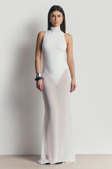 Sheer High Neck Racerback Gown - White