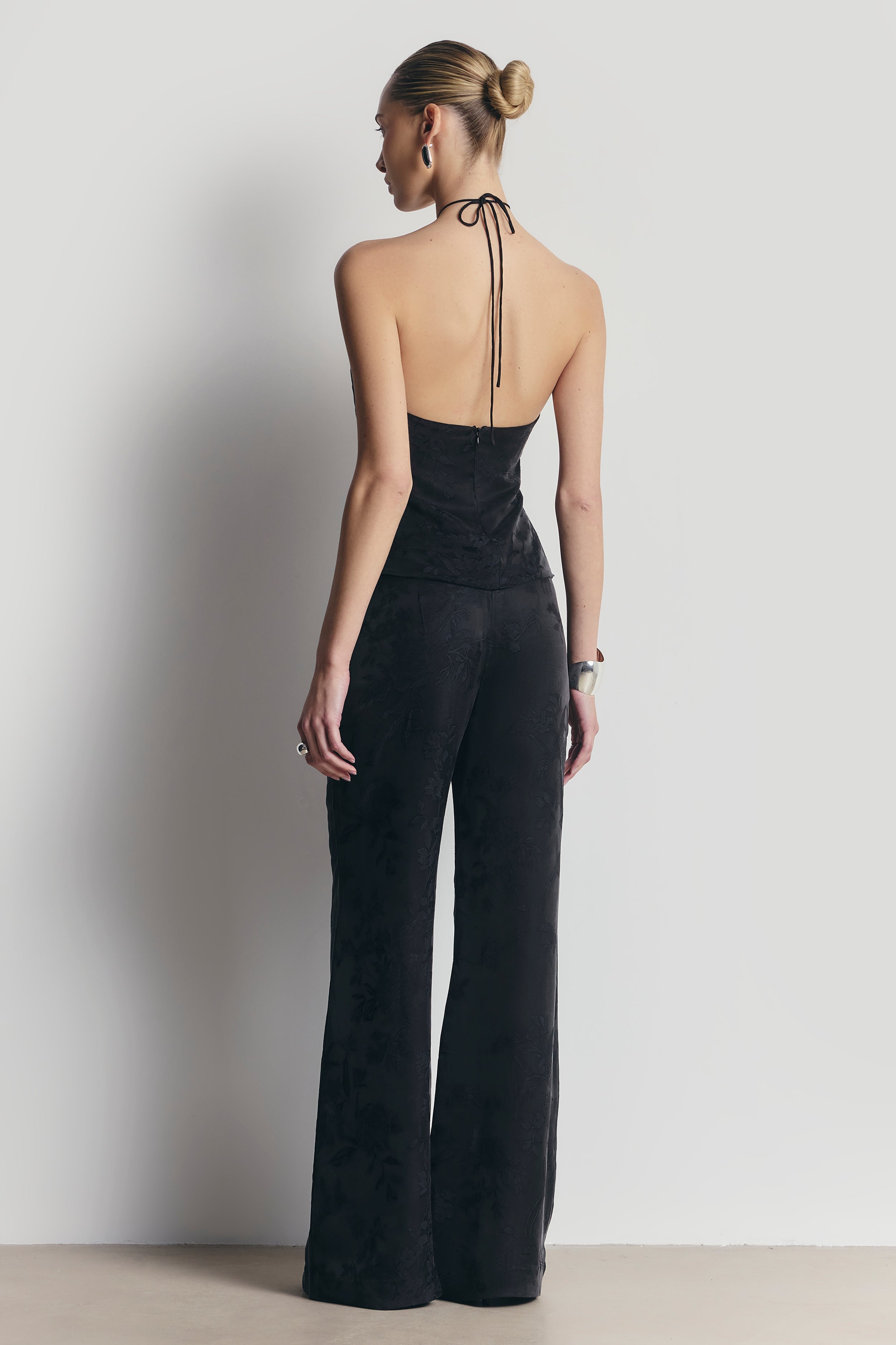 Cupro Jacquard Tailored Wide Leg Trousers - Charcoal